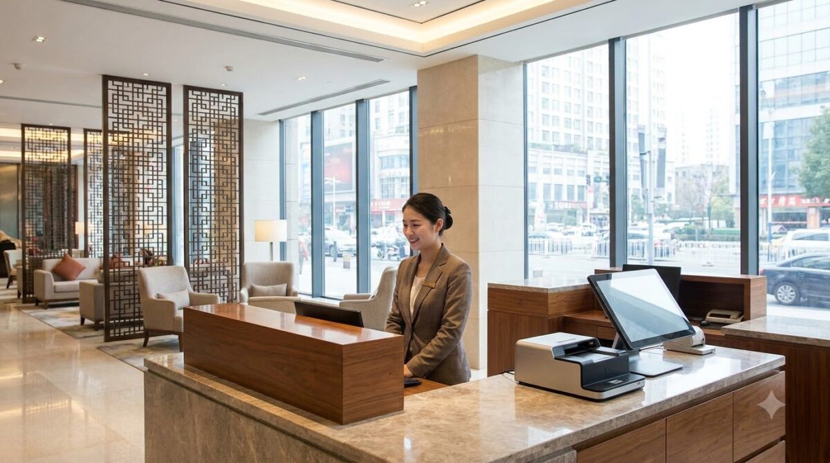 A bright modern hotel reception desk with a passport scanner and a staff member in a contemporary Chinese hotel lobby