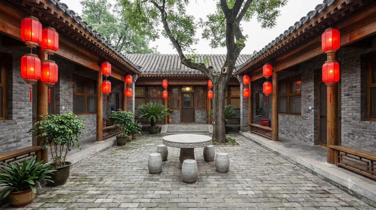A traditional grey brick courtyard house converted into a small hotel with red lanterns and a stone table, Beijing siheyuan