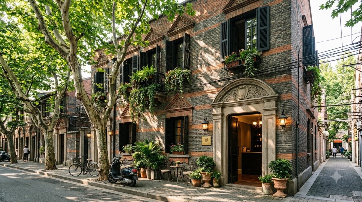 A restored 1930s brick lane house with shuttered windows and plane trees in front, French Concession, Shanghai