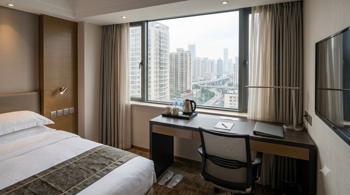 A clean compact modern hotel room with a desk, kettle and city view through the window, Chinese business hotel