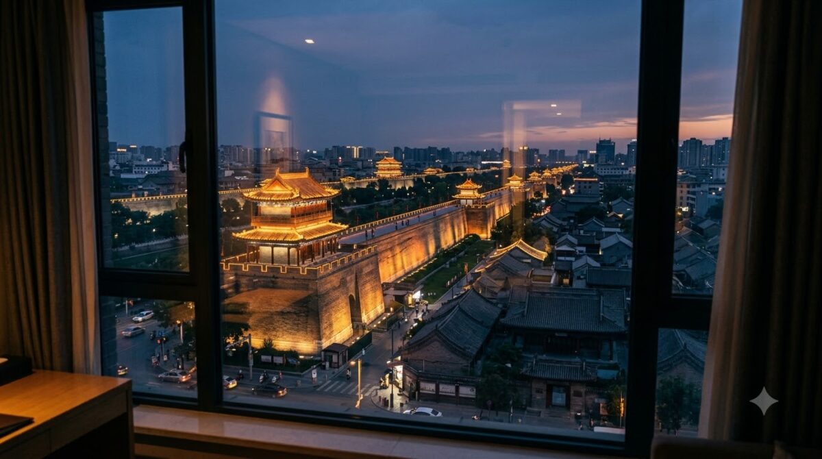 A hotel window view over an ancient illuminated city wall and rooftops at dusk, Xian, China