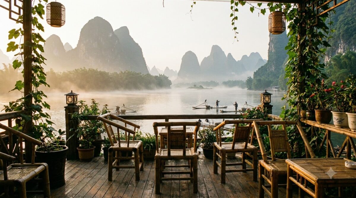 A small riverside guesthouse terrace with bamboo chairs looking at karst peaks across the water, Yangshuo, China