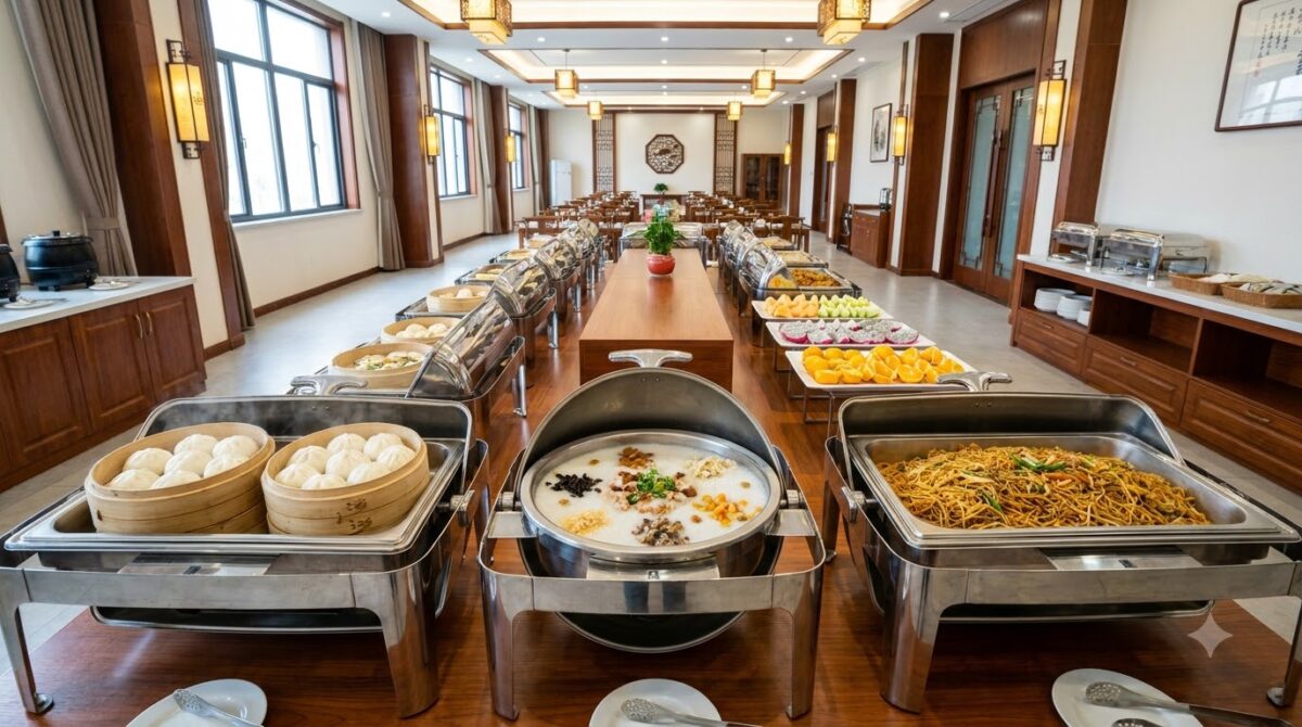 A hotel breakfast buffet with steamed buns, congee, noodles and fruit on warming trays in a Chinese hotel