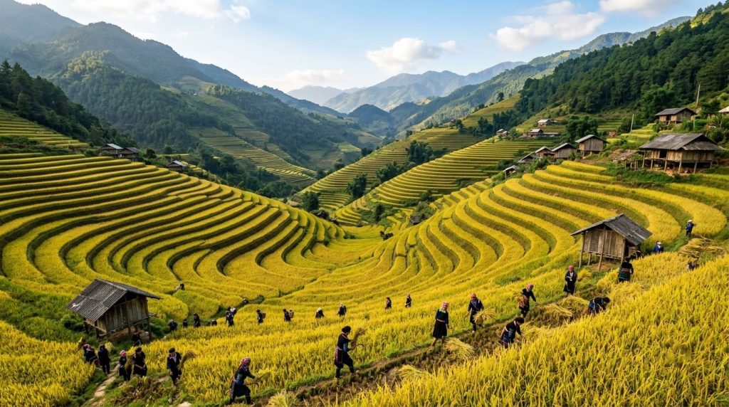 Golden harvest rice terraces on the mountains of Mu Cang Chai, Vietnam