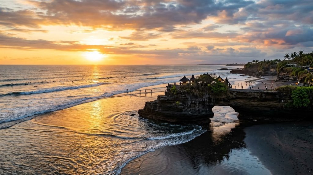Pura Batu Bolong temple and surfers at sunset on the beach in Canggu, Bali