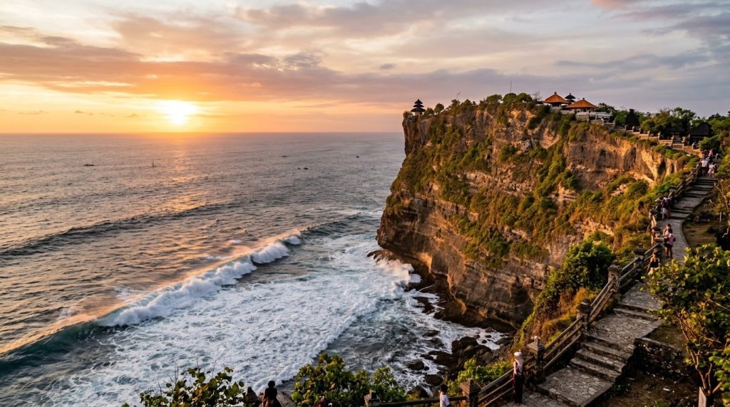 Uluwatu Temple on towering sea cliffs above the Indian Ocean at sunset, Bali