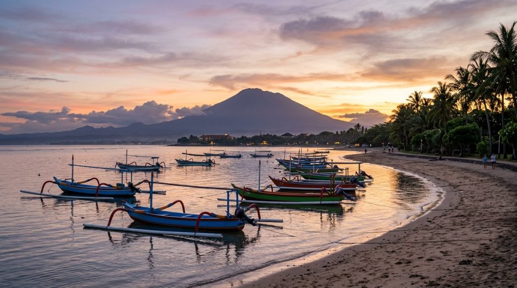 Jukung boats at sunrise on Sanur Beach with Mount Agung beyond, Bali