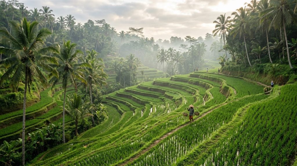 Emerald Tegallalang rice terraces and coconut palms near Ubud, Bali