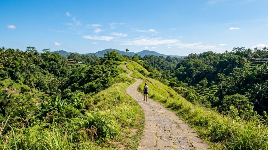 Campuhan Ridge Walk path through green hills in Ubud during dry season