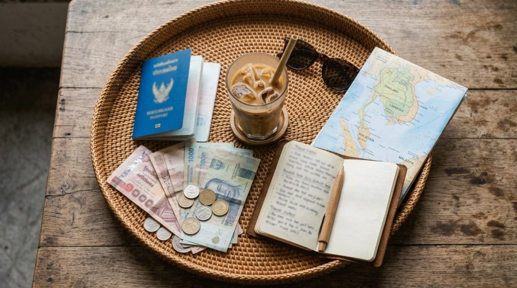 Travel budget flat-lay with passport, banknotes, coins, map and coffee