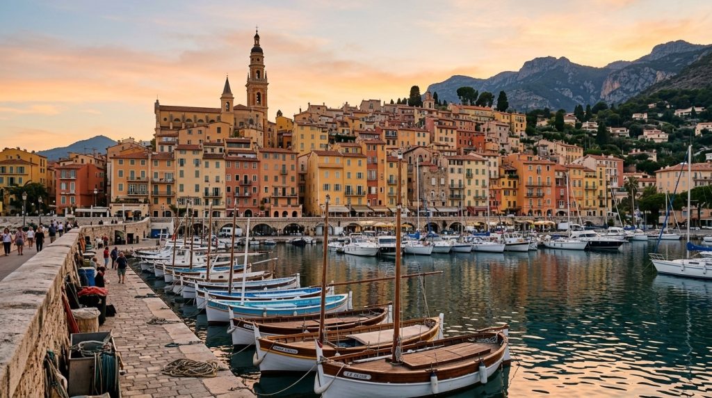 Menton old town and Basilica bell tower seen from the harbour
