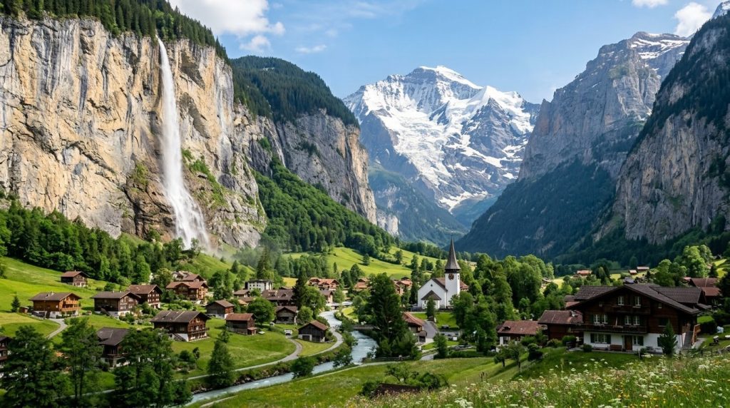 Staubbach Falls above the church and chalets of Lauterbrunnen
