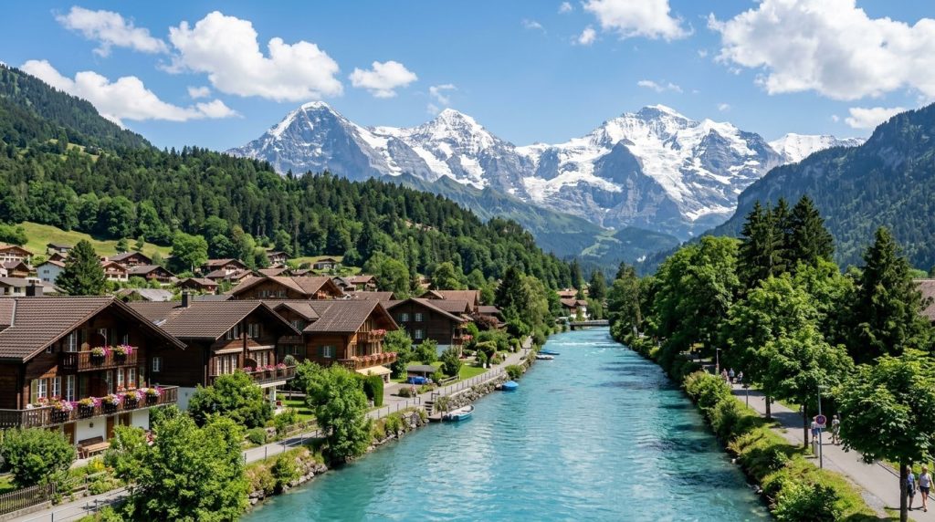 Turquoise Aare river flowing through Interlaken below the Swiss Alps