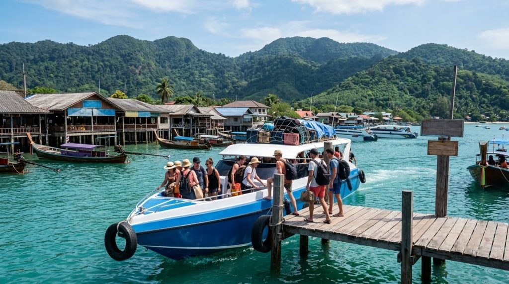 Speedboat arriving at Saladan pier on Koh Lanta, Thailand