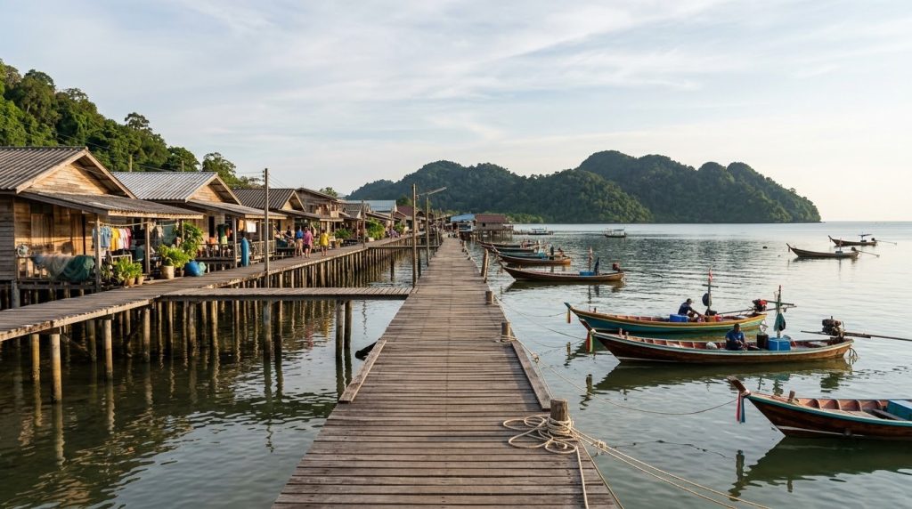 Wooden stilt houses of Lanta Old Town over the sea
