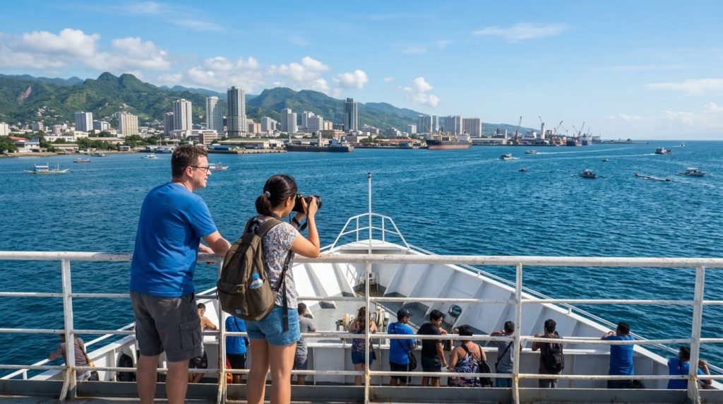 Fast ferry departing Cebu port across the sea