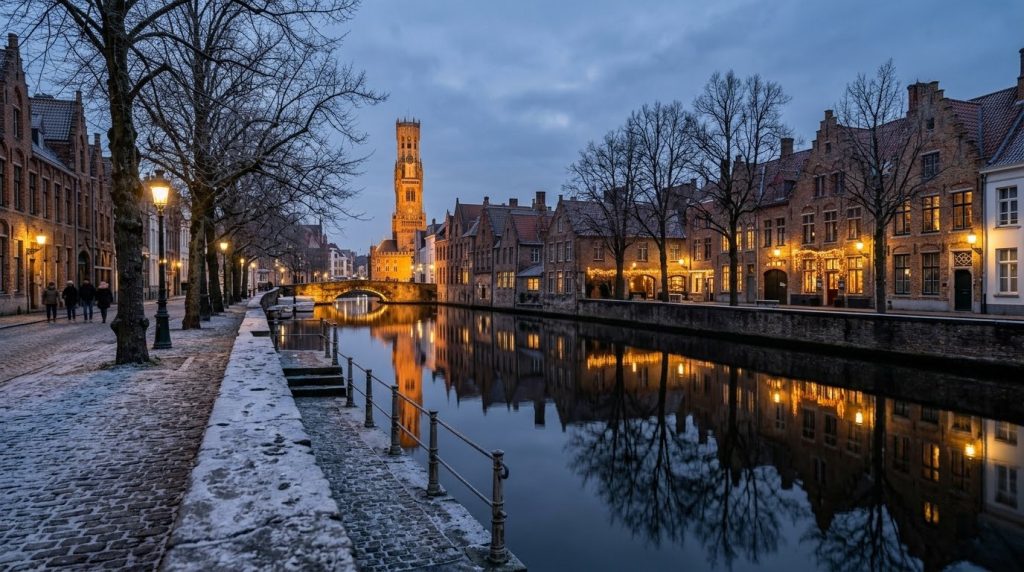 Dijver canal in Bruges with winter lights on a December evening