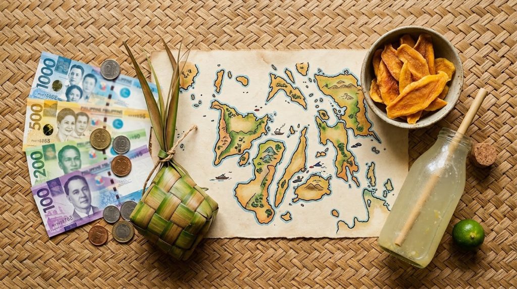 Philippine pesos, Visayas map and dried mangoes for a Cebu budget