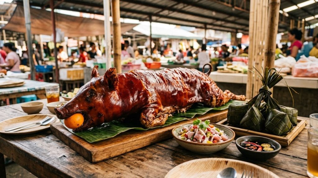 Cebu lechon with puso rice and kinilaw on a wooden table