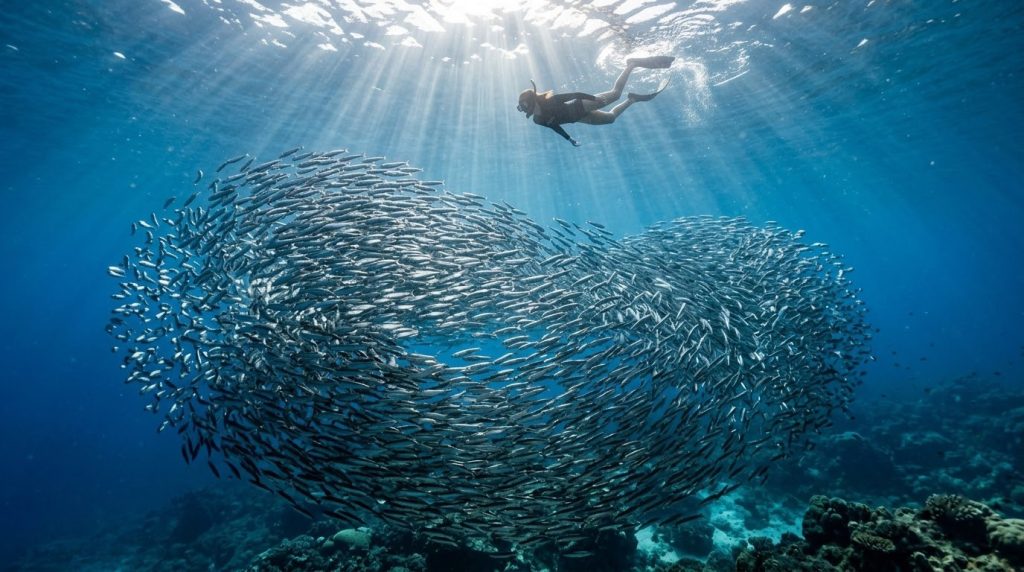 Swirling sardine bait ball underwater at Moalboal in Cebu, Philippines