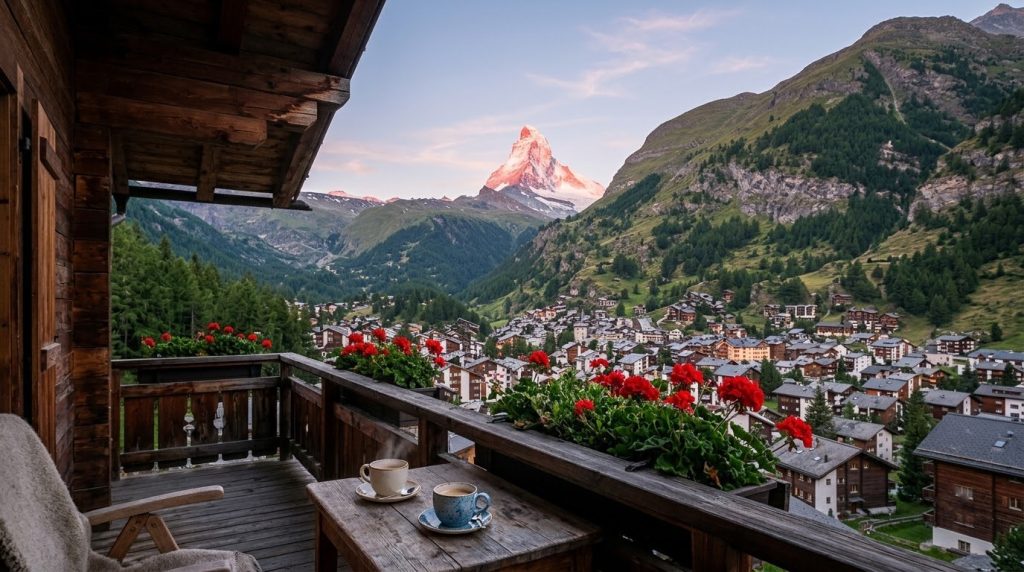 Chalet hotel balcony in Zermatt facing the Matterhorn at sunrise
