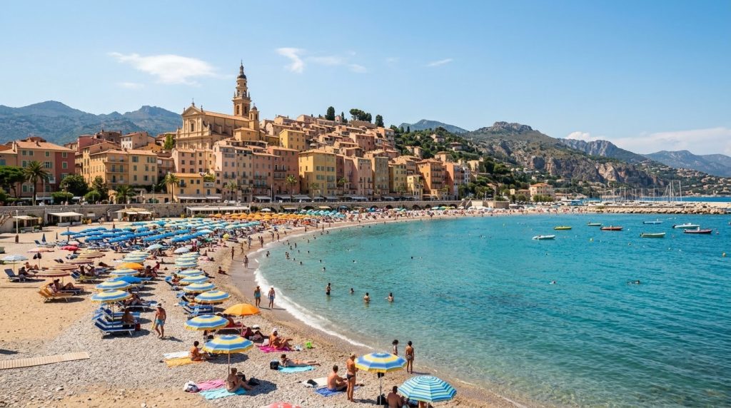 Sablettes beach and old town of Menton in early summer sunshine