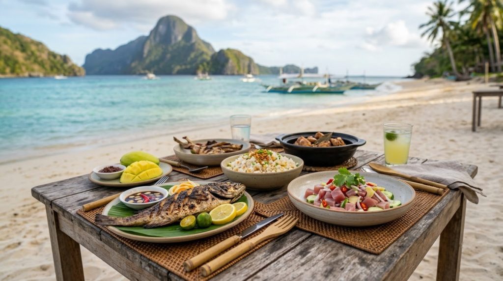 Grilled fish, kinilaw and adobo on a beach table in El Nido, Palawan