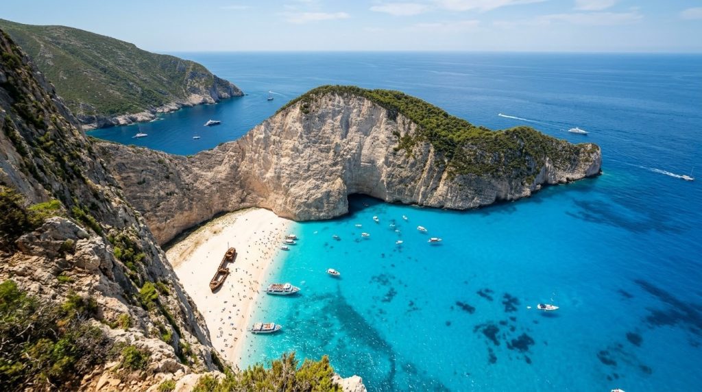 Navagio shipwreck beach and turquoise water on Zakynthos, Greece, in June