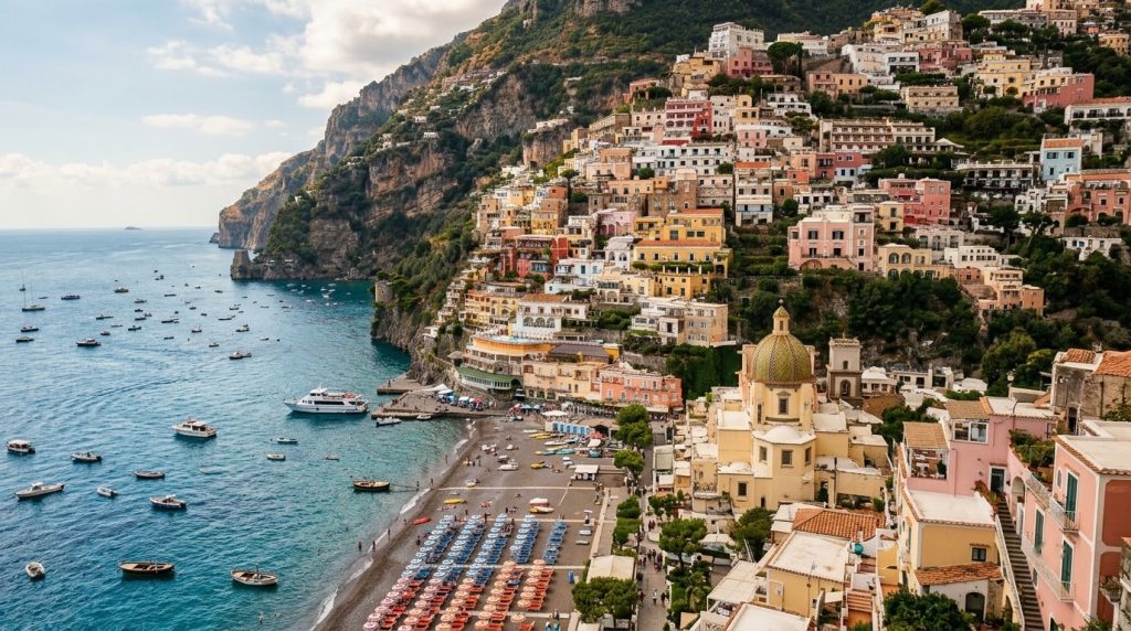 Pastel houses of Positano cascading down to the beach on the Amalfi Coast