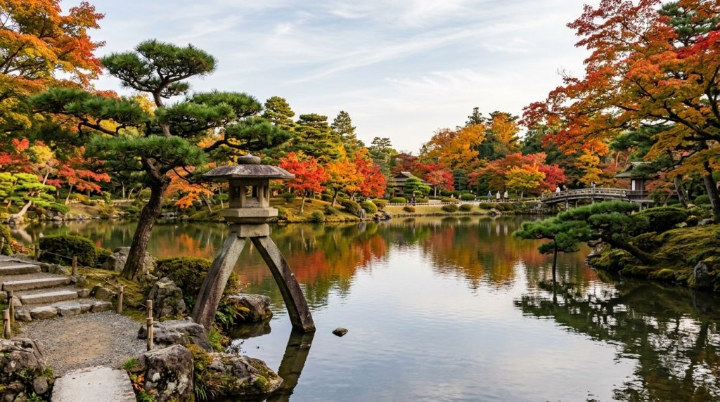 Kotoji stone lantern beside the pond in Kenroku-en garden, Kanazawa