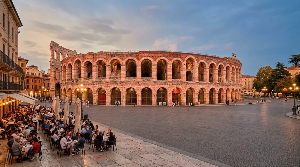 Roman Arena di Verona on Piazza Bra in warm evening light, Italy