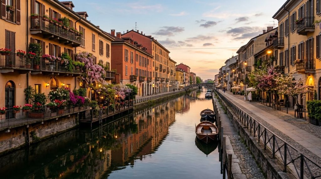 Naviglio Grande canal reflecting ochre houses at spring sunset in Milan