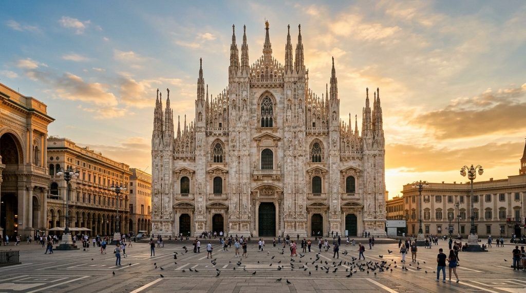 Gothic marble facade of Milan Cathedral on Piazza del Duomo at golden hour