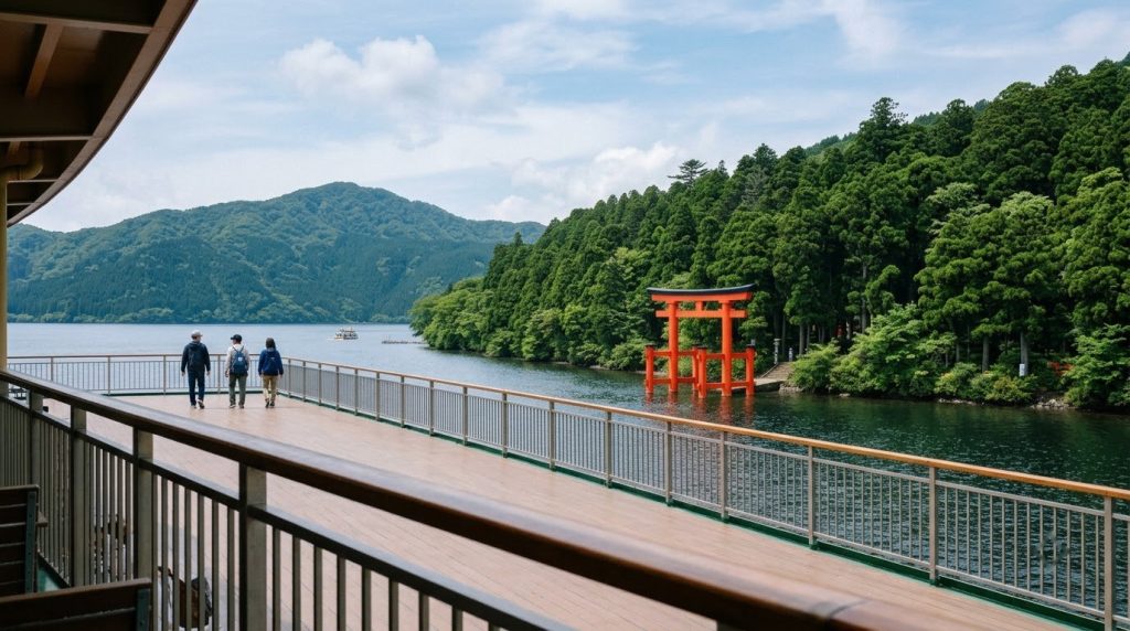 Red torii of Hakone Shrine seen from a boat on Lake Ashi, Japan