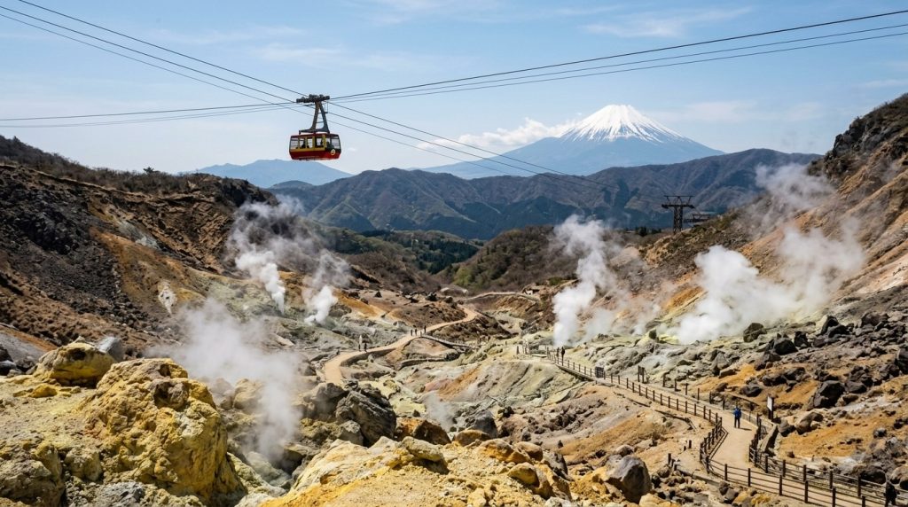 Steaming Owakudani volcanic valley with ropeway and Mount Fuji in Hakone
