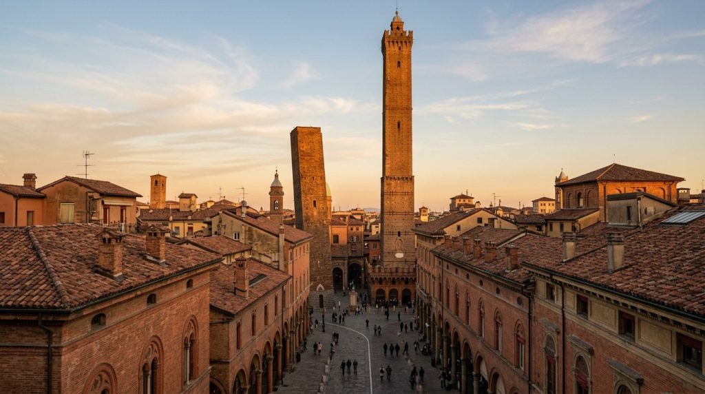 Asinelli and Garisenda towers above medieval streets in Bologna, Italy