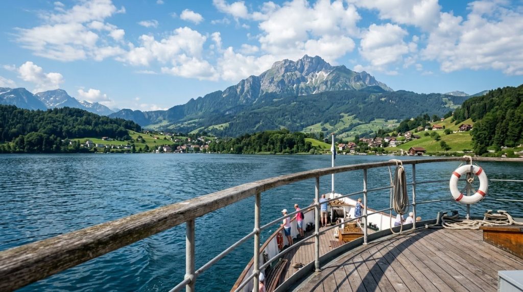 Paddle steamer deck view of Lake Lucerne and Mount Pilatus, Switzerland