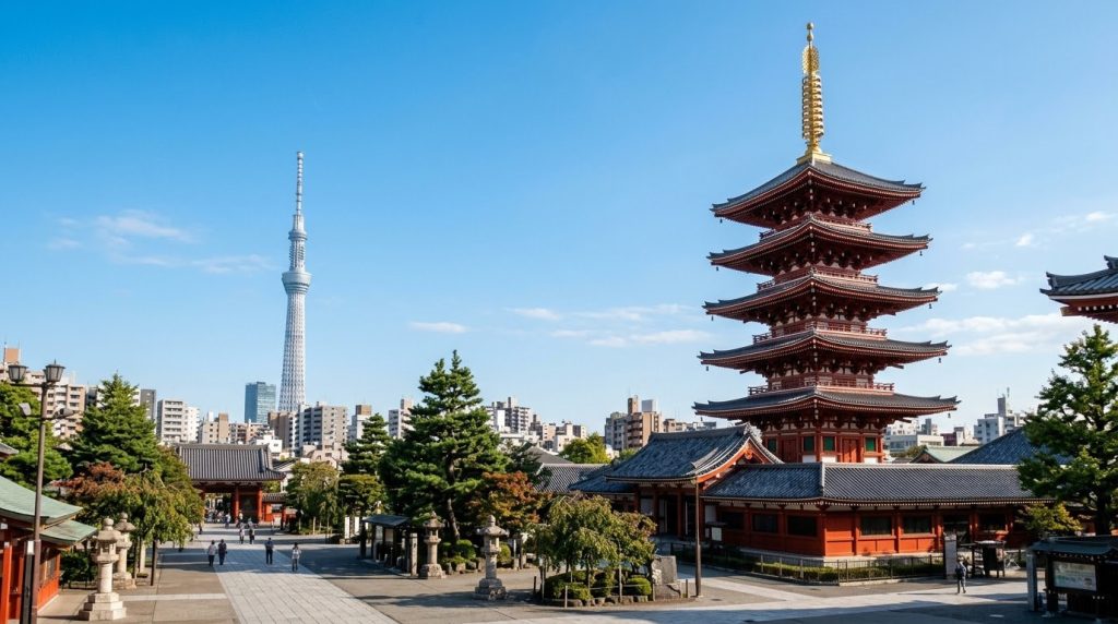 Senso-ji five-story pagoda with Tokyo Skytree behind in Asakusa, Tokyo