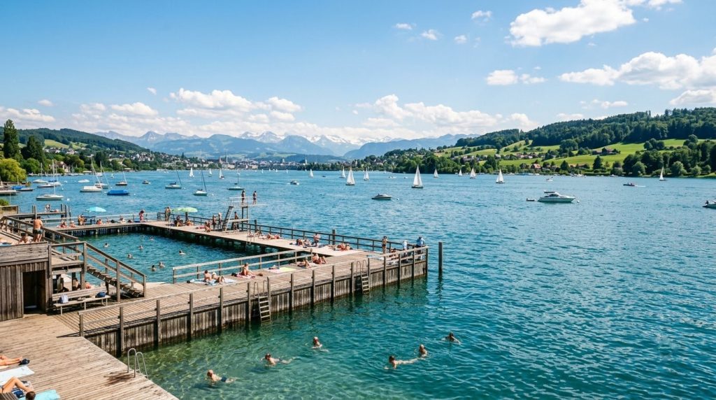 Swimmers at a wooden lido on Lake Zurich on a sunny summer day