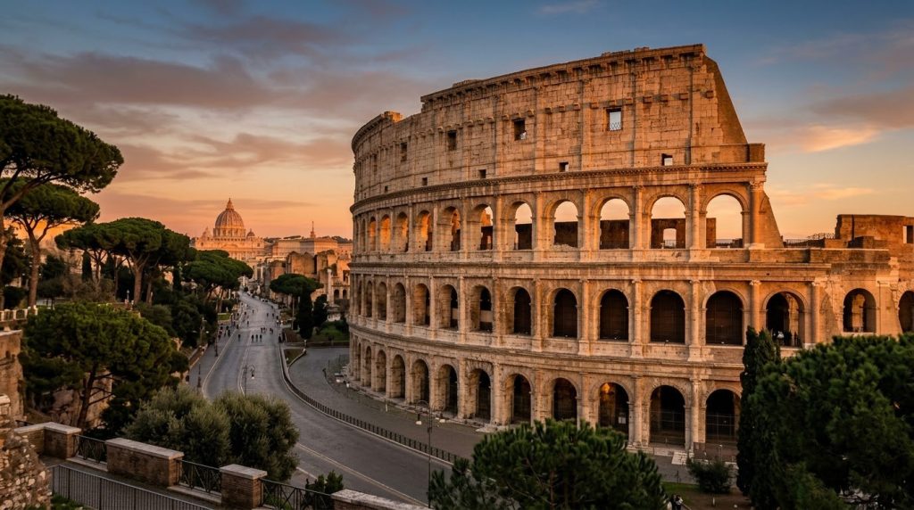 The Colosseum glowing at golden hour in Rome, Italy