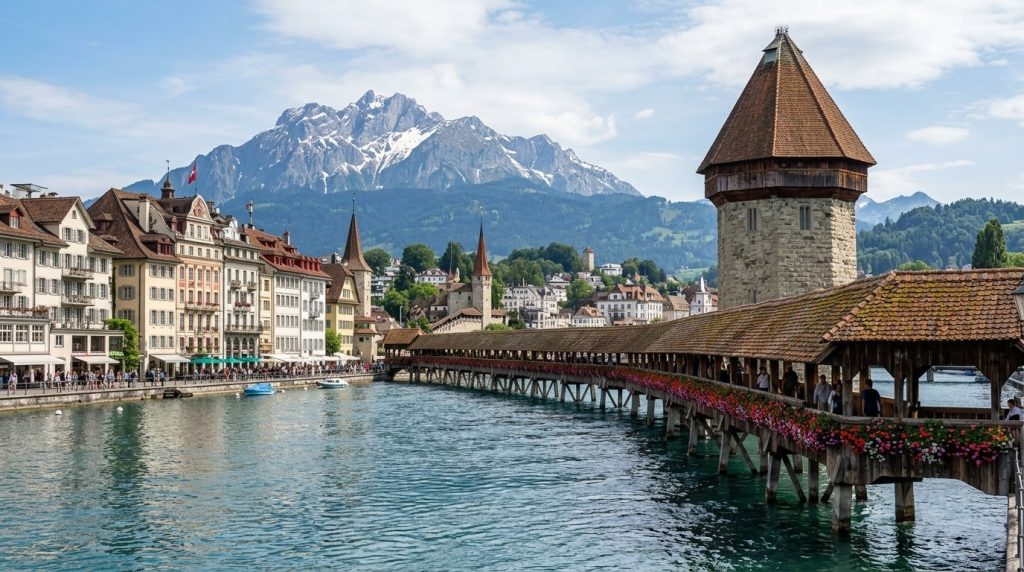 Wooden Chapel Bridge and Water Tower on the Reuss River in Lucerne
