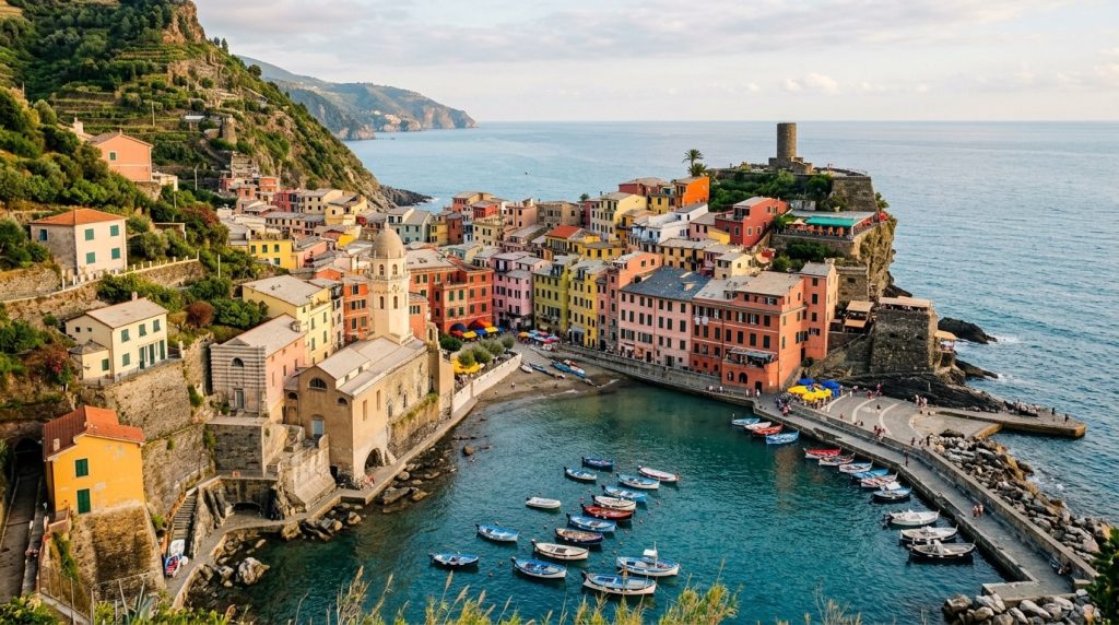 Vernazza harbour with pastel houses and boats in September, Cinque Terre