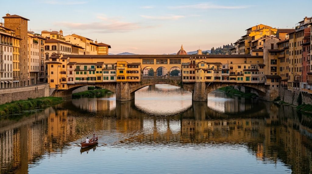 Ponte Vecchio reflected in the Arno River at golden hour in Florence