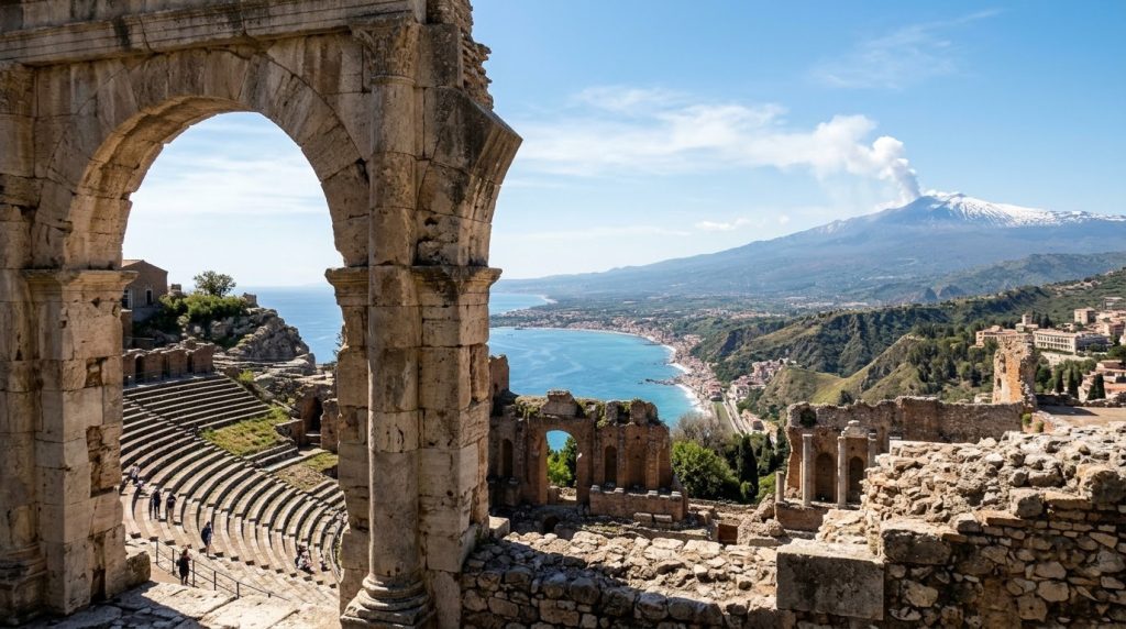 Ancient Greek Theatre of Taormina with Mount Etna behind in Sicily