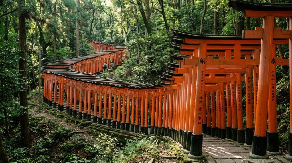 Vermilion torii gate tunnel at Fushimi Inari Taisha in Kyoto, Japan
