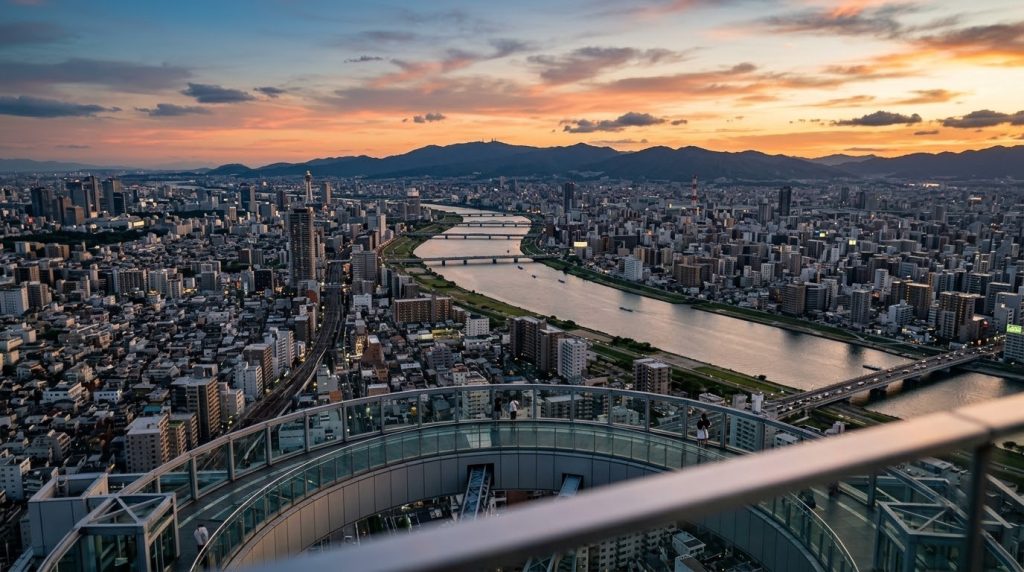 Osaka skyline and Yodo River at sunset from the Umeda Sky Building