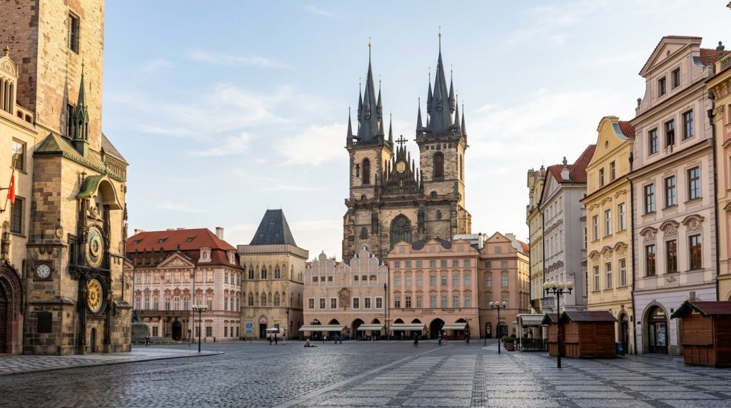 Gothic spires of Tyn Church over Old Town Square in Prague