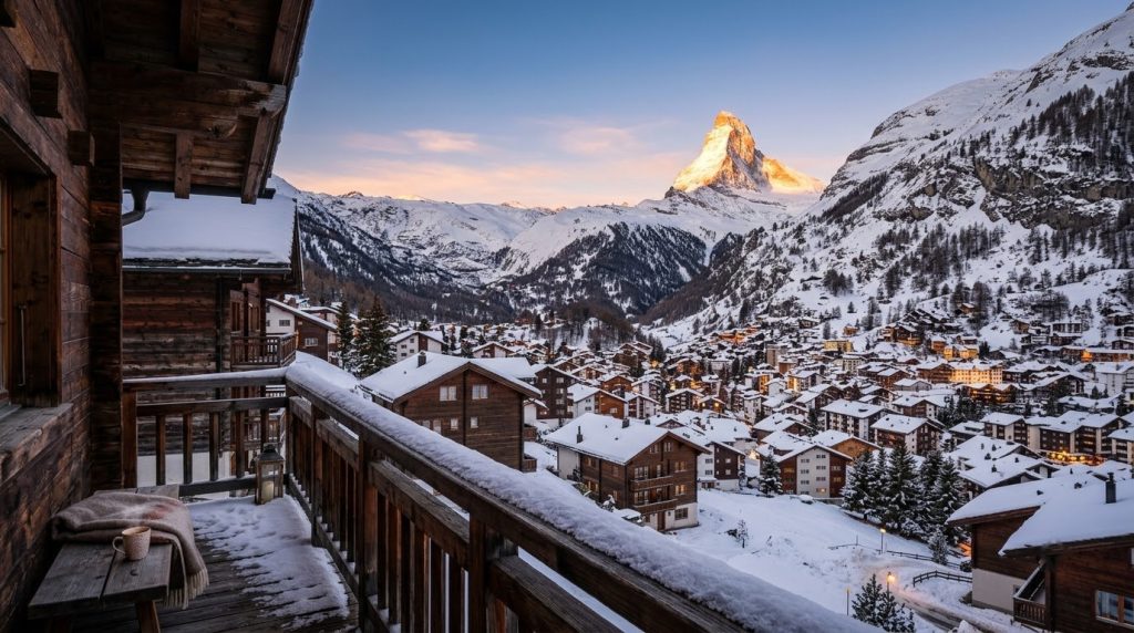 Chalet hotel balcony facing the snowy Matterhorn at sunrise in Zermatt