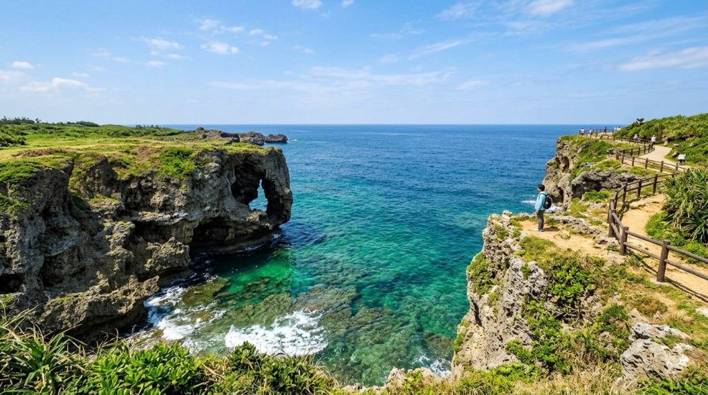 Elephant-trunk cliff of Cape Manzamo above the emerald sea in Okinawa