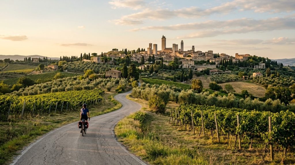 Cyclist on a country road toward the towers of San Gimignano, Tuscany